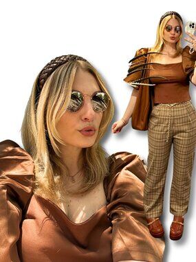 Copper Satin Puff Sleeve Blouse Square Neck Cottagecore Romantic Top M/L